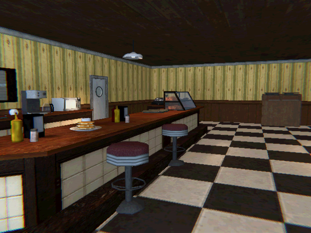 The cafe counter with its red stools, a breakfast plate and a coffee on the counter, and the pie case at the far end