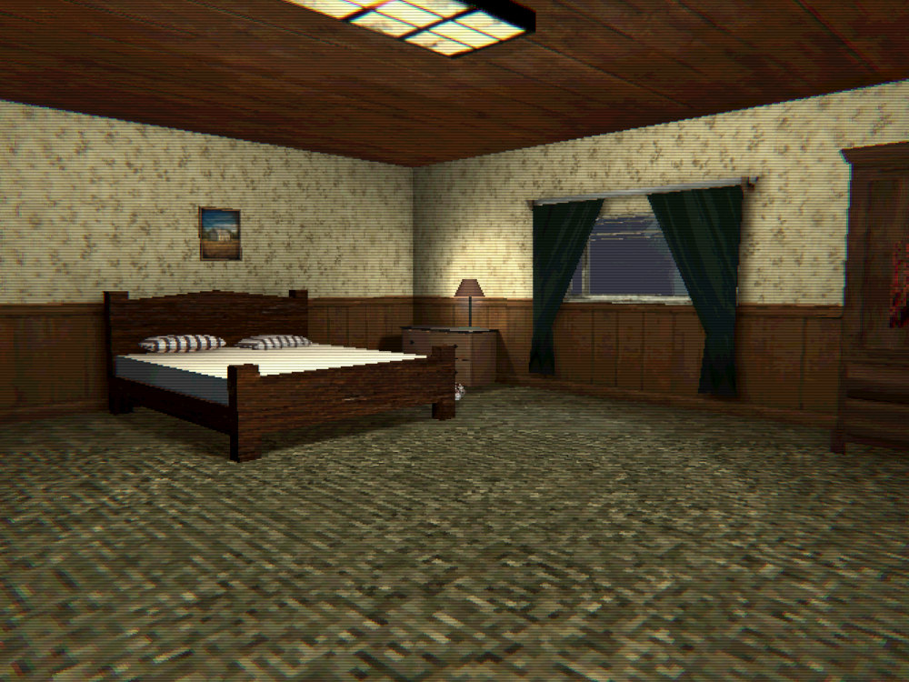 Room 1 with the lights on: a made-up double bed, a bedside lamp and a curtained window